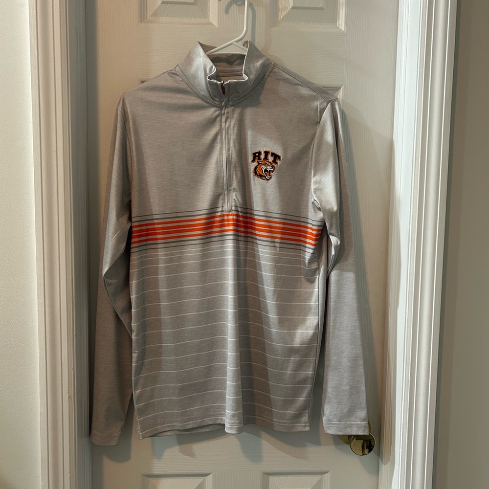 RIT Rochester Antigua Gray and Orange Stripe Quarter-Zip Pullover